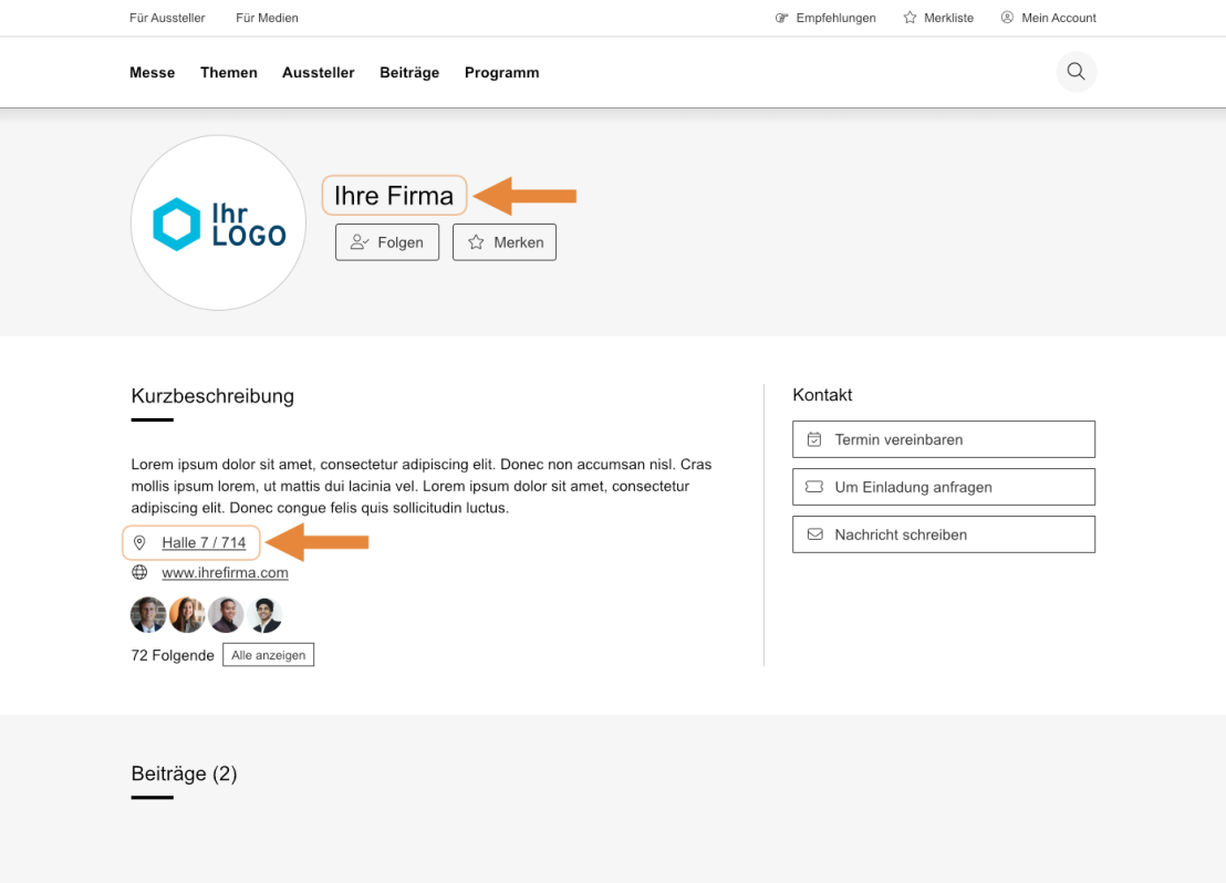 Ein Screenshot eines Aussteller-Profil auf einer Website mit Firmenlogo, Firmennamen, Standortangabe in der Messehalle, Kurzbeschreibung und Kontaktmöglichkeiten.  Ein oranger Pfeil weist hebt den Firmennamen und die Hallenangaben hervor.