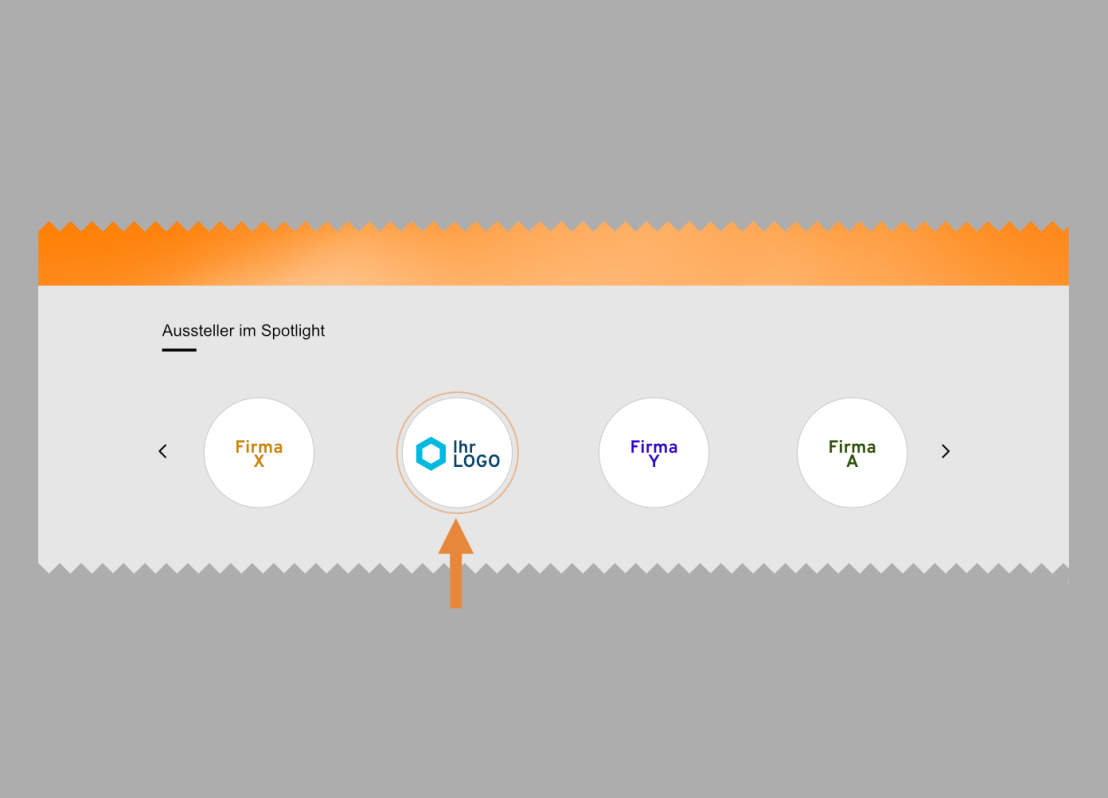 Darstellung des Bereichs „Aussteller im Spotlight“ mit aneinandergereihnten runden Firmenlogos. Ein zentrales Logo ist hervorgehoben und wird mit einem orangefarbenen Pfeil markiert.