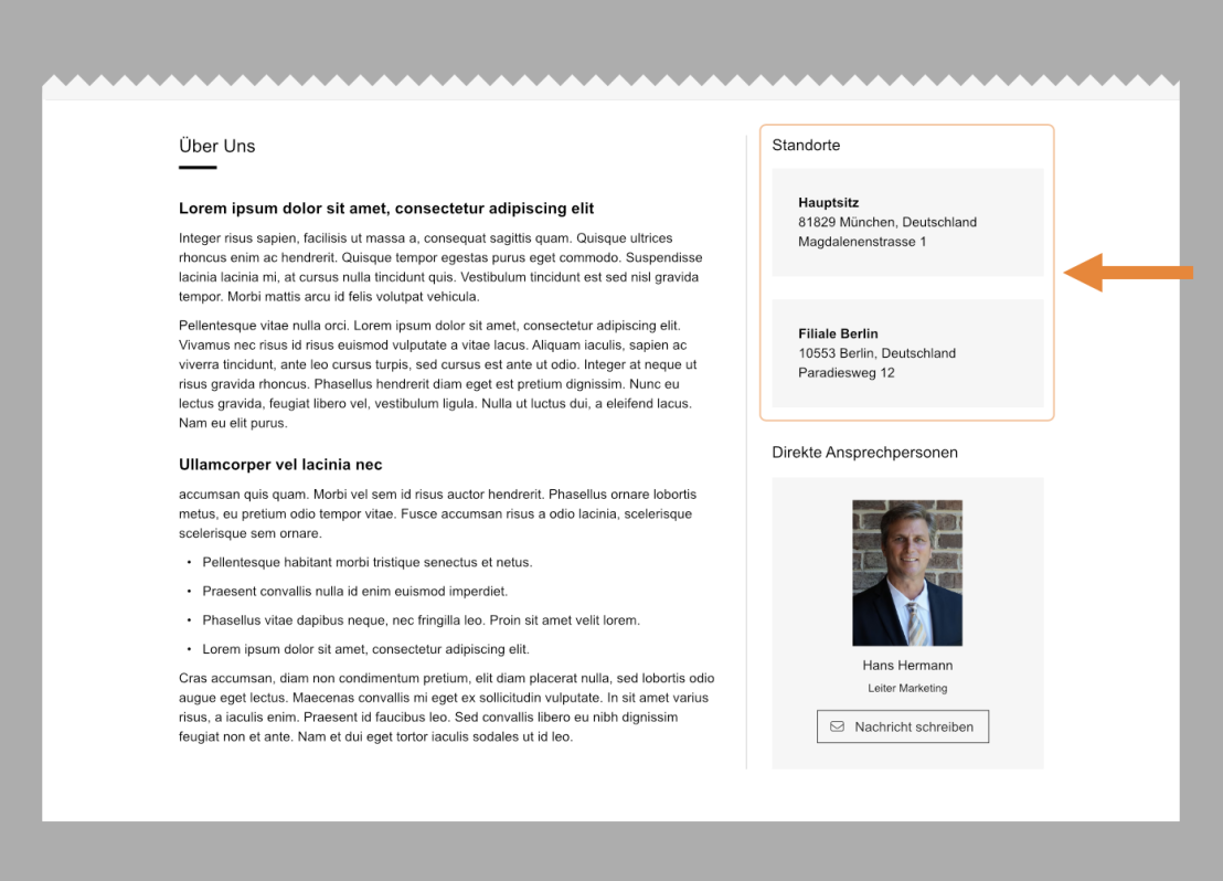 Ein Screenshot des unteren Teils eines Firmenprofils auf einer Website. Der Ausschnitt enthält einen «Über-uns»-Beschrieb, Standortangaben des Unternehmens und eine Liste direkter Ansprechpartner. Ein orangefarbener Pfeil hebt den Bereich der Firmenstandorte hervor. 