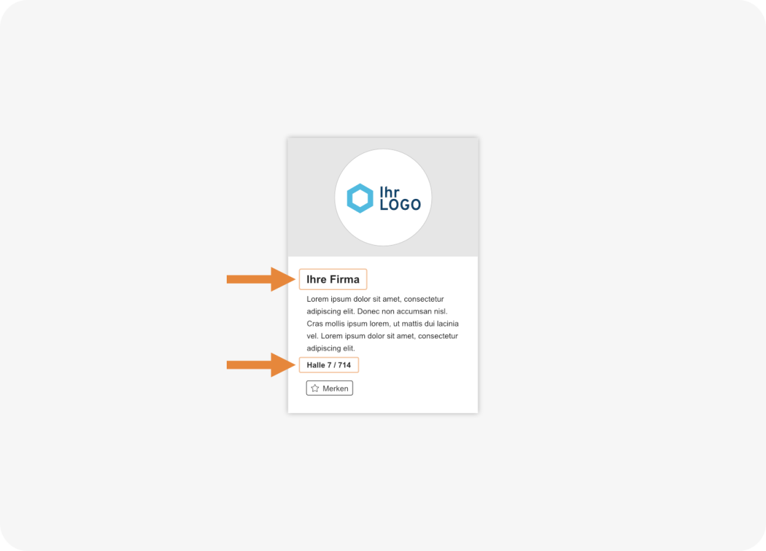 Screenshot einer Vorschauansicht eines Firmenprofils auf der Website mit hervorgehobenem Firmennamen und Hallenangabe durch orangefarbene Pfeile.