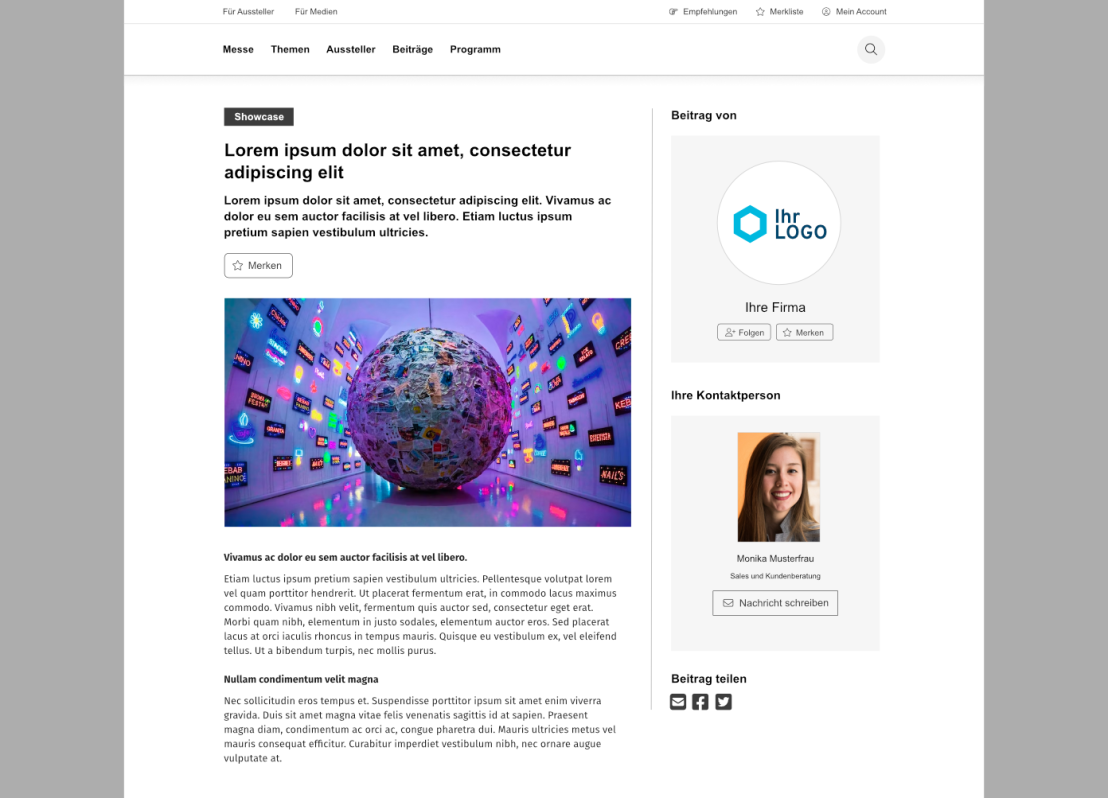 Eine Webseite mit der Detailansicht eines Messebeitrags. Ein grosses Bild einer bunt beleuchteten Kugel ist zu sehen. Rechts stehen Firmenlogo, Kontaktperson und Teilen-Buttons. Unten sind drei zugehörige Themengebiete mit weiteren Bildern angezeigt.