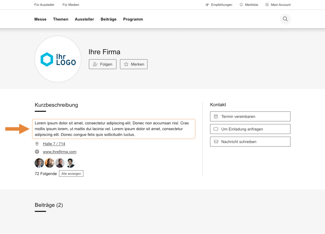 Ein Screenshot eines Aussteller-Profil auf einer Website mit Firmenlogo, Firmennamen, Standortangabe in der Messehalle, Kurzbeschreibung und Kontaktmöglichkeiten.  Ein orangfarbener Pfeil weist hebt die Kurzbeschreibung hervor.