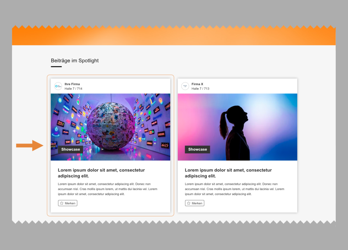Ein hervorgehobener Abschnitt auf einer Webseite mit dem Titel „Beiträge im Spotlight“. Zwei vorgestellte Beiträge mit zwei Bildern: eine bunte Kugel links, eine Silhouette vor blauem Farbverlauf rechts. Ein orangefarbener Pfeil hebt den linken Beitrag hervor.