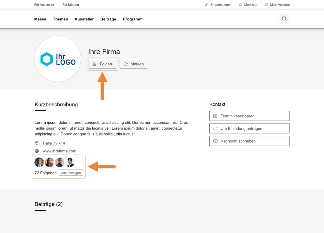Ein Screenshot eines Aussteller-Profil auf einer Website mit Firmenlogo, Firmennamen, Standortangabe in der Messehalle, Kurzbeschreibung und Kontaktmöglichkeiten.  Ein oranger Pfeil weist hebt den Folgen-Button und die Liste der Follower hervor.