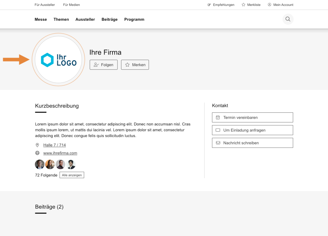 Ein Screenshot eines Aussteller-Profil auf einer Website mit Firmenlogo, Firmennamen, Standortangabe in der Messehalle, Kurzbeschreibung und Kontaktmöglichkeiten.  Ein orangfarbener Pfeil weist hebt das Firmenlogo hervor.
