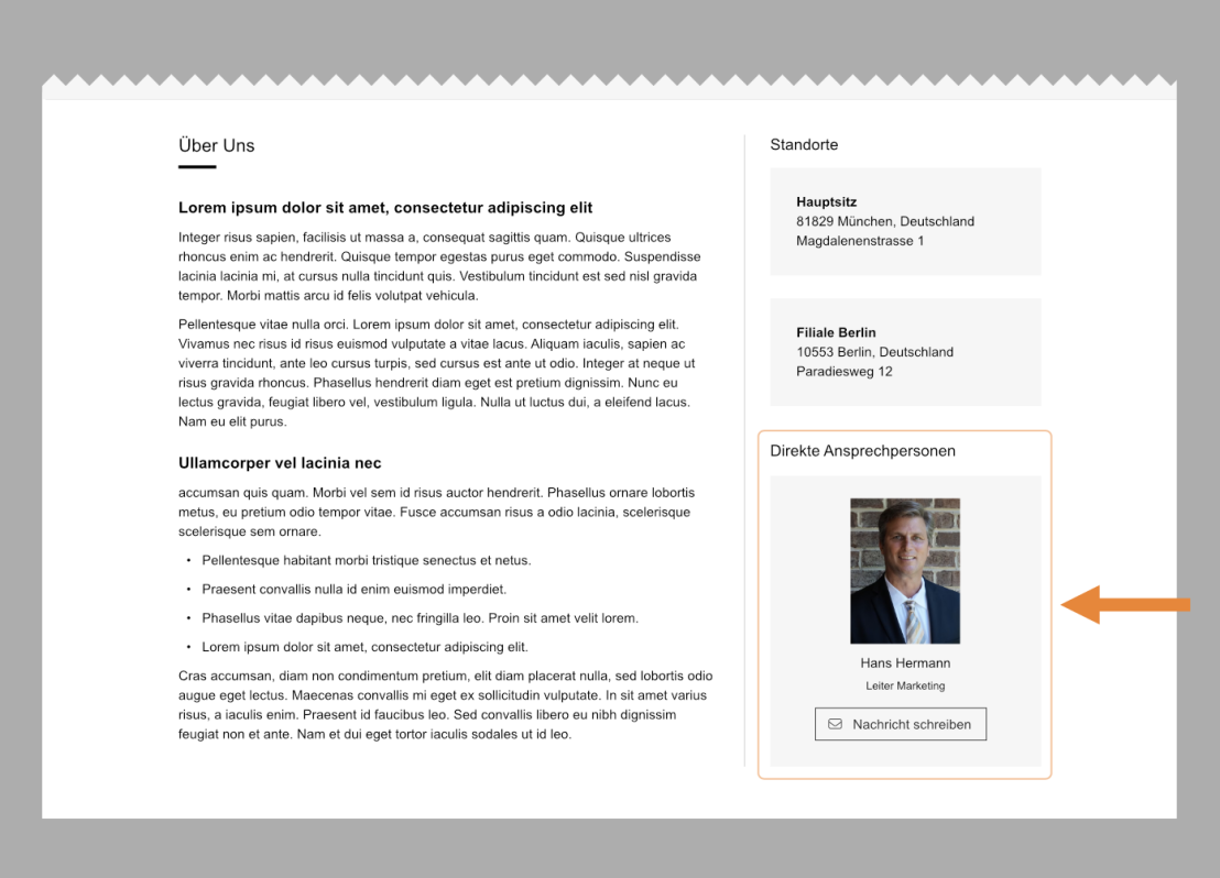 Ein Screenshot des unteren Teils eines Firmenprofils auf einer Website. Der Ausschnitt enthält einen «Über-uns»-Beschrieb, Standortangaben des Unternehmens und eine Liste direkter Ansprechpartner. Ein orangefarbener Pfeil hebt den Bereich der Anprechpersonen hervor. 