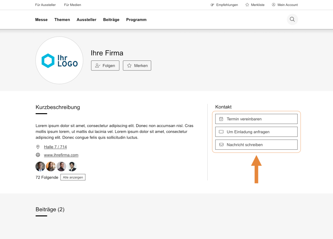 Ein Screenshot eines Aussteller-Profil auf einer Website mit Firmenlogo, Firmennamen, Standortangabe in der Messehalle, Kurzbeschreibung und Kontaktmöglichkeiten.  Ein oranger Pfeil weist hebt den Bereich der Kontaktmöglichkeiten hervor.